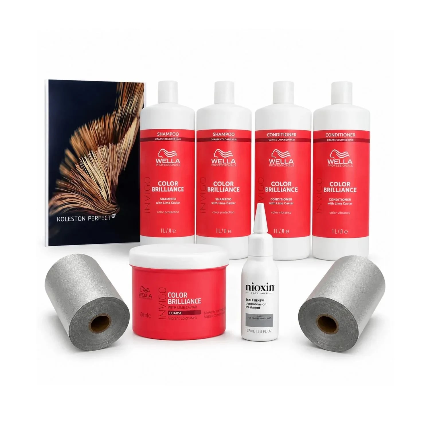 Set Wella Professionals Color Brilliance Coarse pentru păr vopsit, cu folie Embo, Nioxin Dermabrasion și catalog Koleston inclus