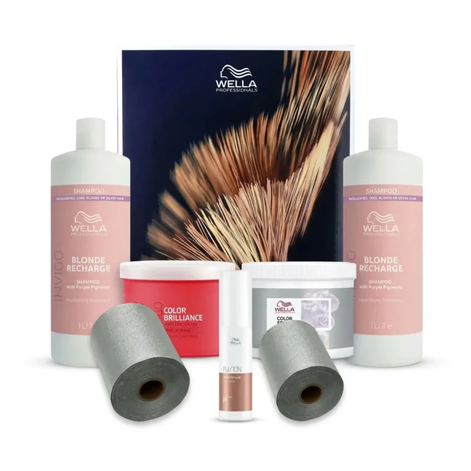 Set Wella Professionals pentru păr blond, cu Blonde Recharge, Color Fresh Mask, Fusion Amino Refiller, folie Embo și catalog Koleston inclus
