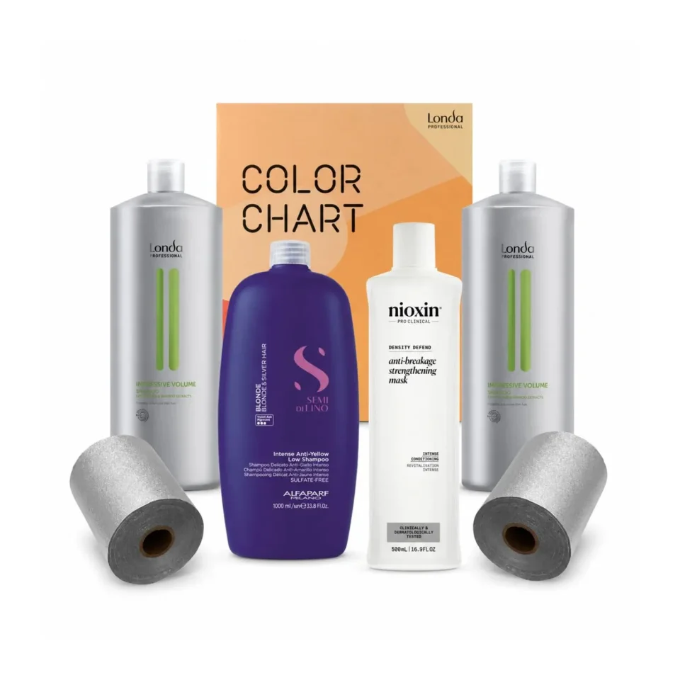Set Londa Professional Impressive Volume pentru volum, cu Alfaparf Anti-Yellow, mască Nioxin, folie Embo și catalog de culori Londa inclus