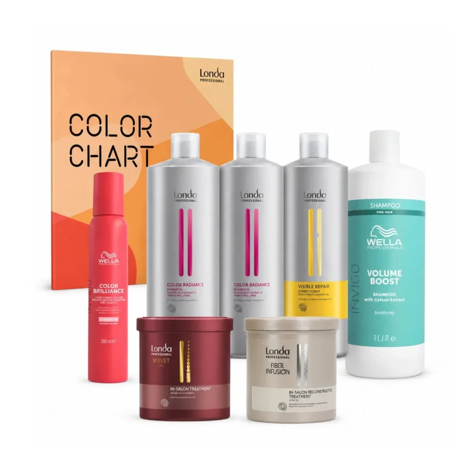 Set Londa Professional pentru păr vopsit și deteriorat, cu Color Radiance, Visible Repair, Fiber Infusion, Velvet Oil, produse Wella și catalog de culori Londa inclus