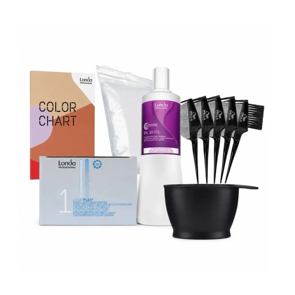 Set profesional Londa Professional LightPlex pentru decolorare și vopsire, cu oxidant 9%, accesorii Wella și Comair, catalog de culori Londa inclus