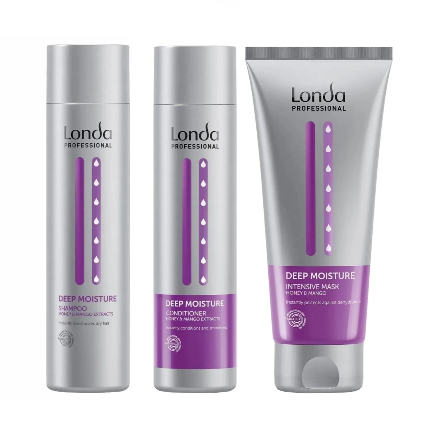 Pachet pentru păr uscat Londa Professional Deep Moisture, Șampon 250 ml, Balsam 250 ml și Tratament 200 ml
