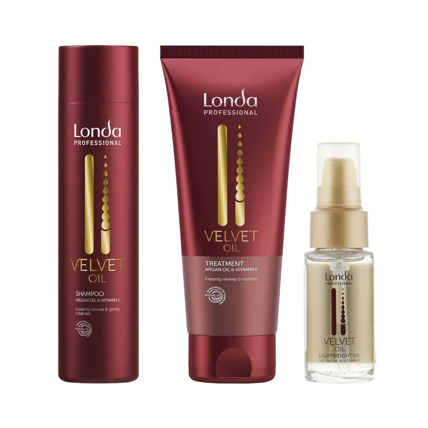 Pachet pentru păr deshidratat Londa Professional, Șampon Velvet Oil 250 ml, Tratament Velvet Oil 200 ml și Velvet Oil 100 ml