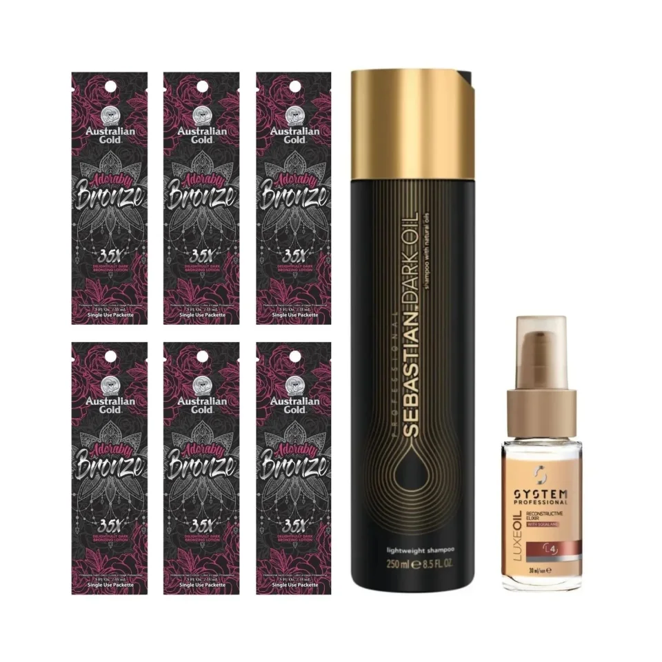 Set pentru vacanță cu bronz intens și păr protejat de soare