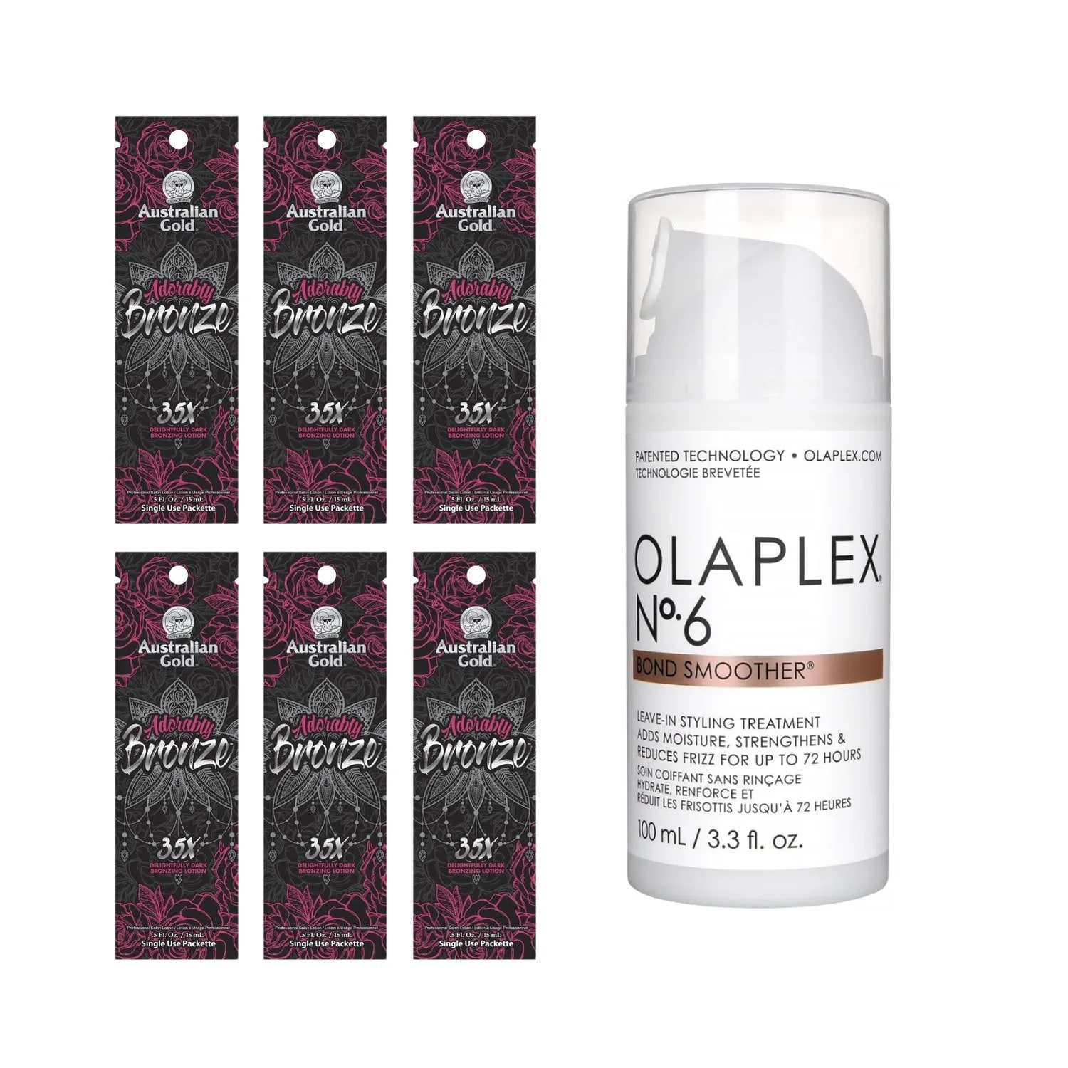 Pachet pentru bronz intens cu Australian Gold Adorably Bronze 15 ml x 6 și Olaplex No.6 Bond Smoother 100 ml