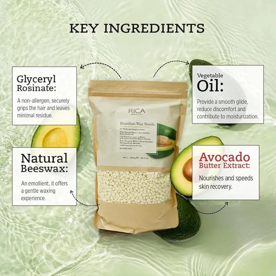 Granule de ceară braziliană fără benzi cu unt de avocado pentru piele sensibilă, Rica, Brazilian Avocado Butter Wax Beads, 150 g — imagine 6